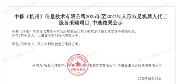 盛谷策略 智元、宇树中标 1.24 亿元中国移动子公司人形机器人订单